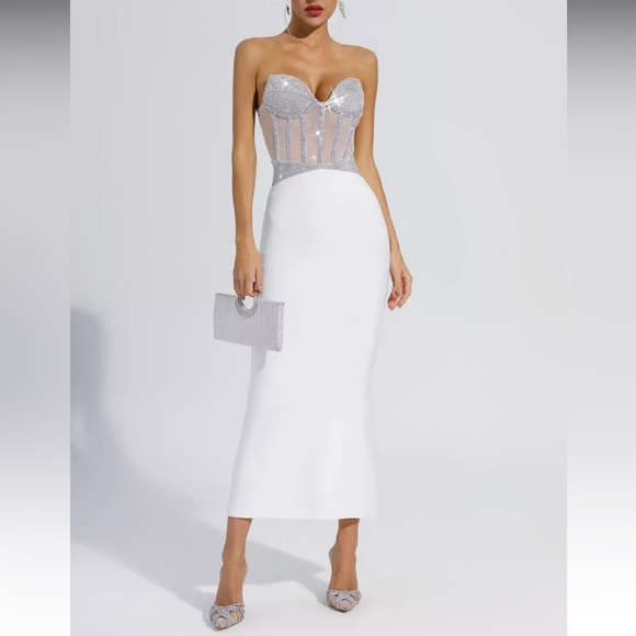 Elegant White Diamond Bodycon Maxi Dress NWT - Picture 4 of 8